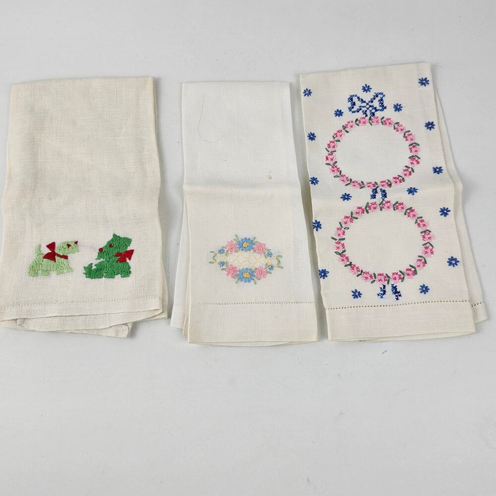 Lot 3 vintage embroidered linen hand towels scotty dog floral